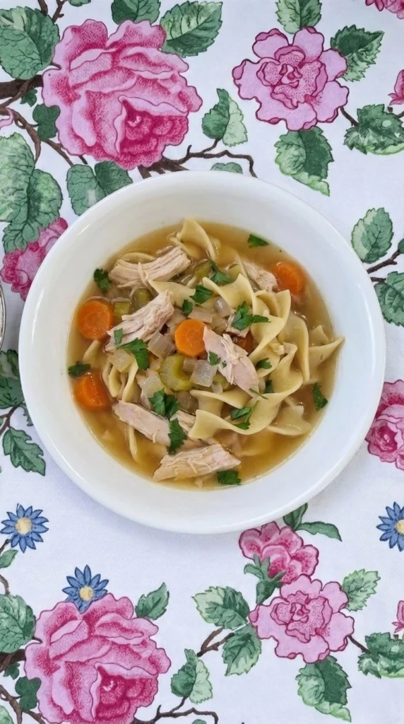 Gluten Free Chicken Noodle Soup with shredded chicken, carrots, celery and wide noodles in golden broth