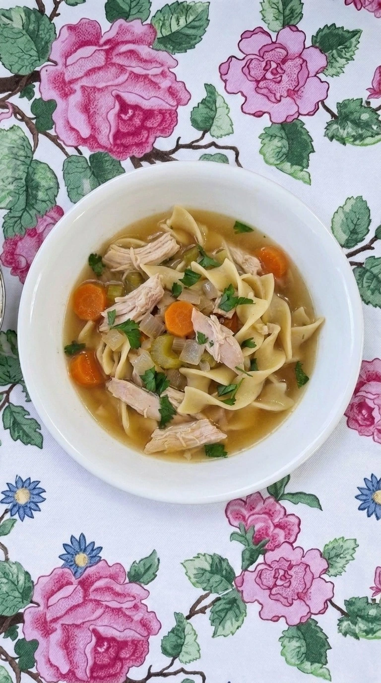 Gluten Free Chicken Noodle Soup with shredded chicken, carrots, celery and wide noodles in golden broth