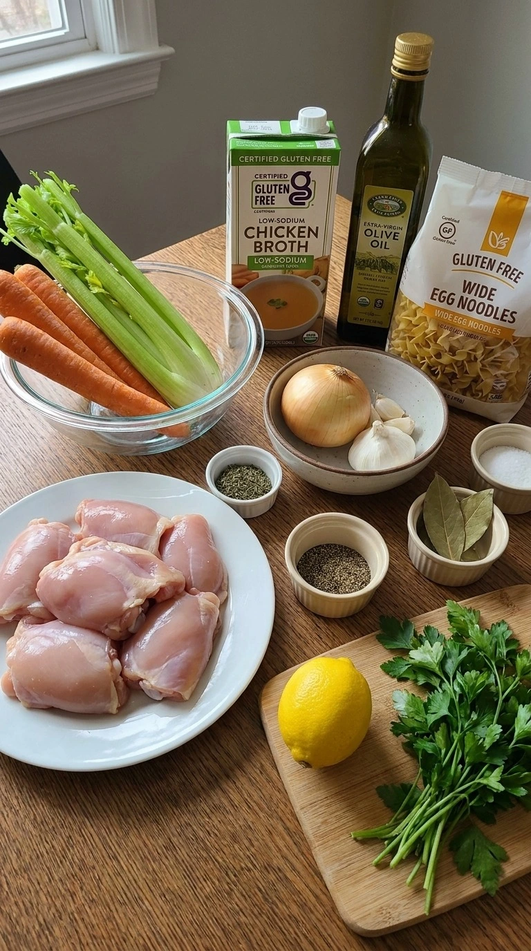 Gluten Free Chicken Noodle Soup ingredients including chicken, vegetables, broth and gluten-free noodles