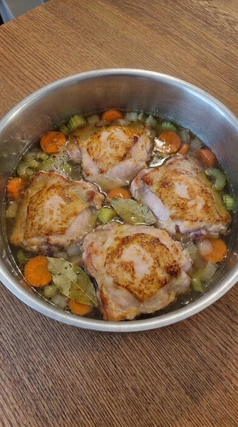 Chicken simmering in golden broth for Gluten Free Chicken Noodle Soup with carrots and celery