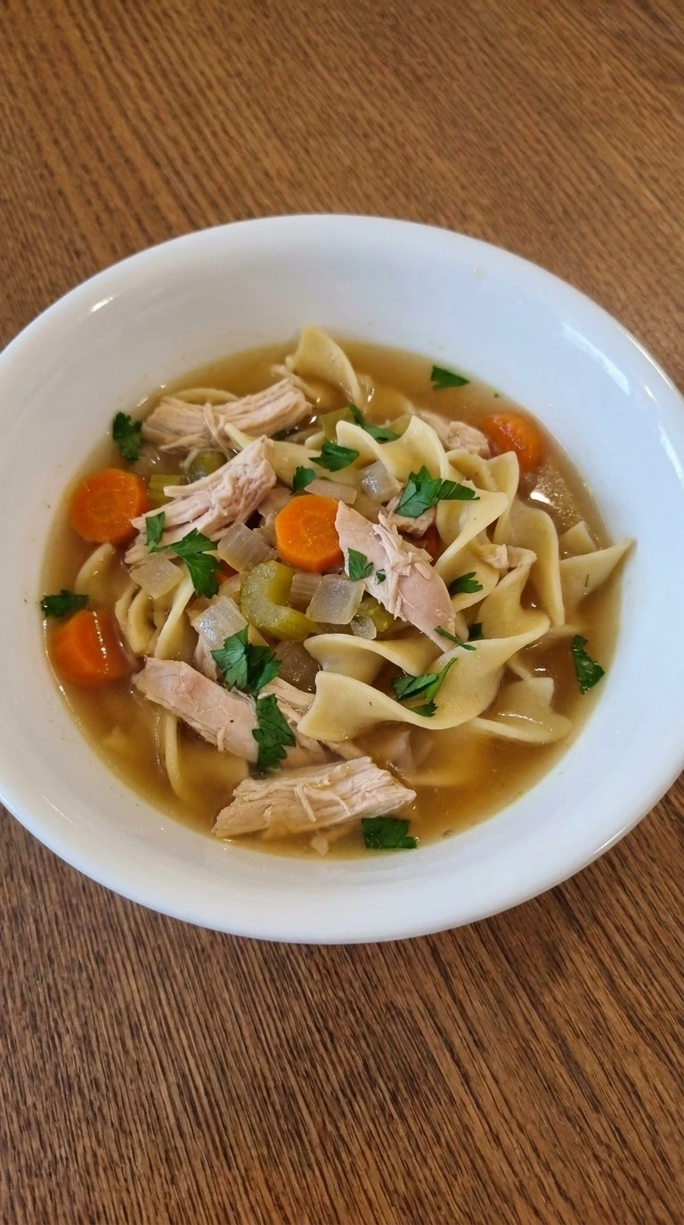 Finished Gluten Free Chicken Noodle Soup with parsley, chicken, carrots and tender wide noodles