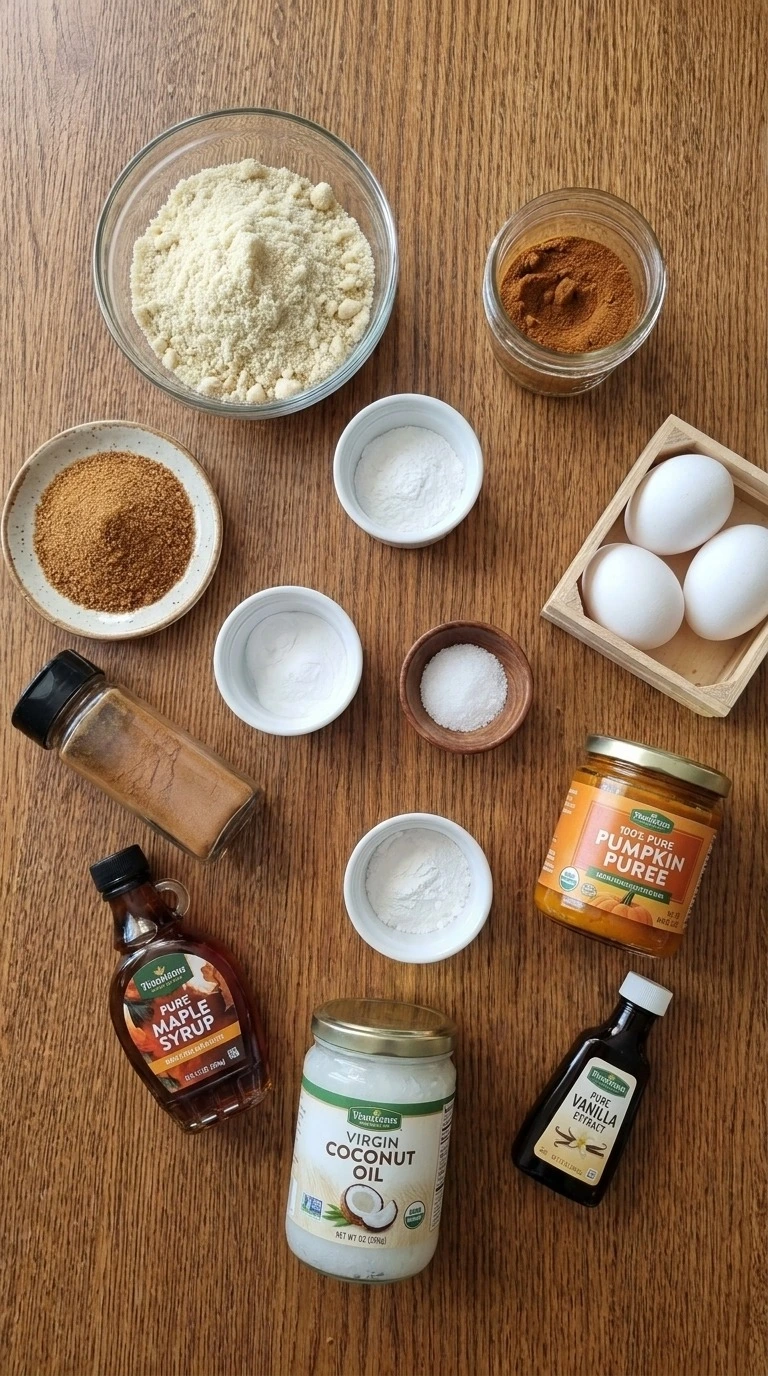 Gluten Free Pumpkin Bread Almond Flour ingredients with pumpkin puree, almond flour, eggs, maple syrup and spices.