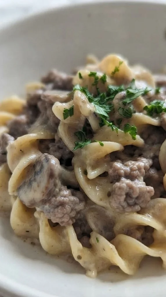 Ground Beef Stroganoff with creamy mushroom sauce and browned beef in a serving bowl Recipe focus: beef stroganoff recipe.