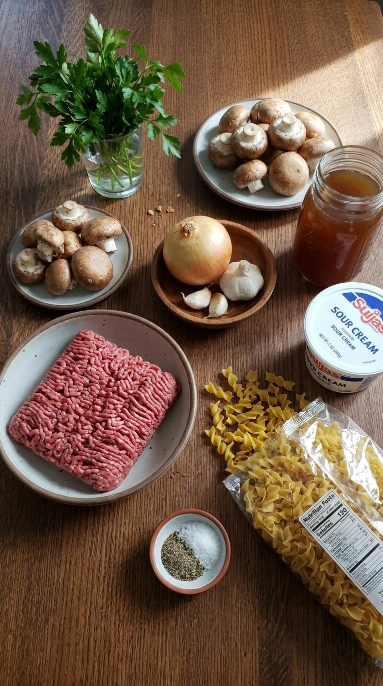 Ground Beef Stroganoff ingredients with beef mushrooms noodles and seasonings Recipe focus: beef stroganoff with ground beef.
