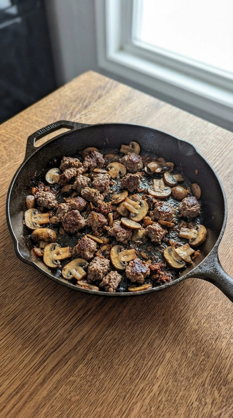 Ground Beef Stroganoff - Brown the ground beef and mushrooms Recipe focus: beef stroganoff easy.