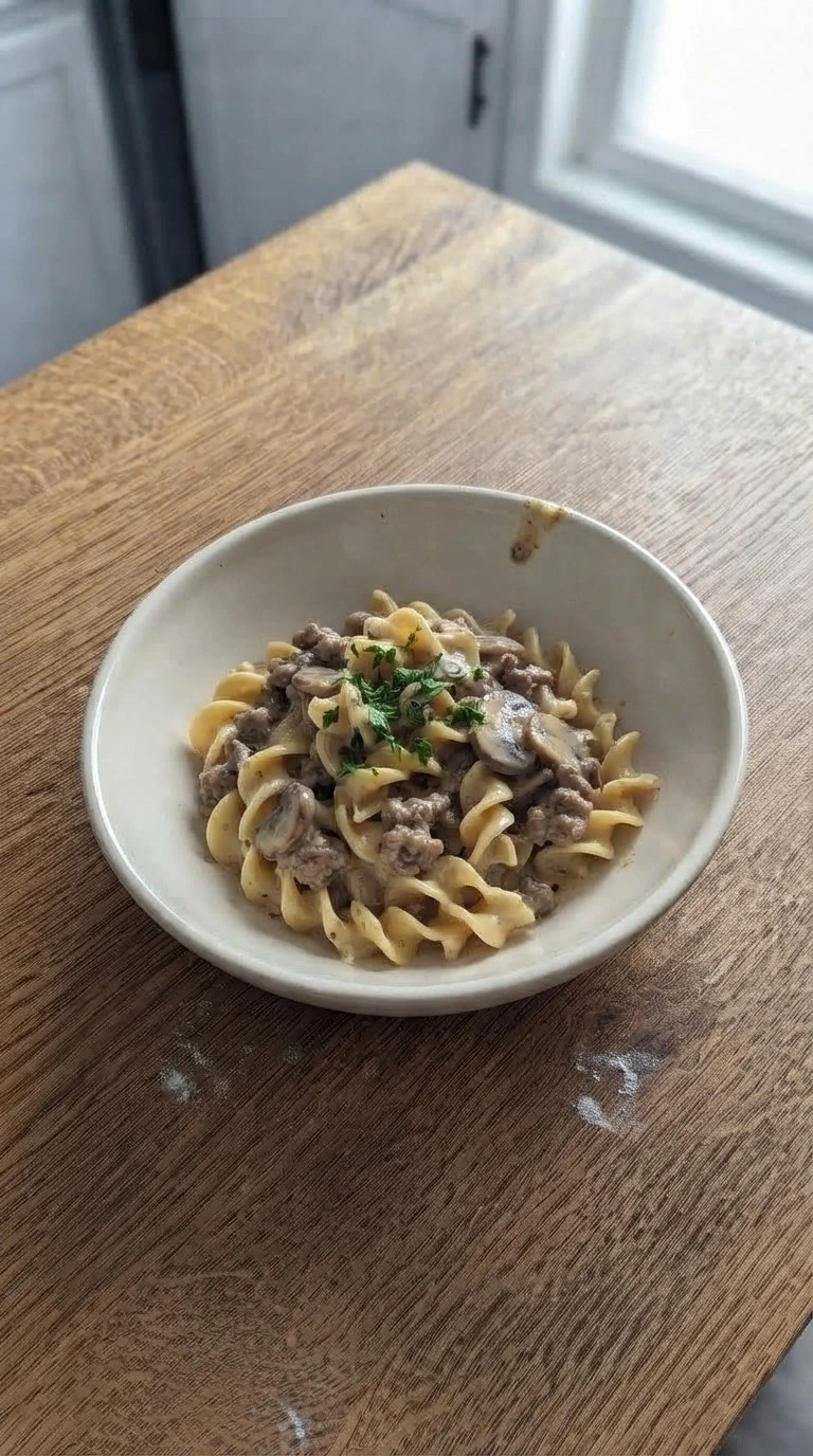 Ground Beef Stroganoff - Plate the finished stroganoff Recipe focus: beef stroganoff with ground beef.