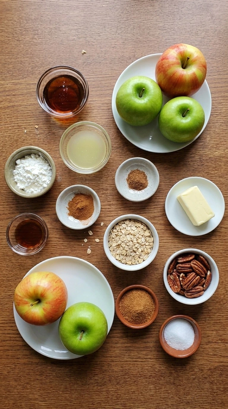 Healthy Apple Fall Desserts ingredients with two apple varieties, oats, pecans, maple syrup and spices