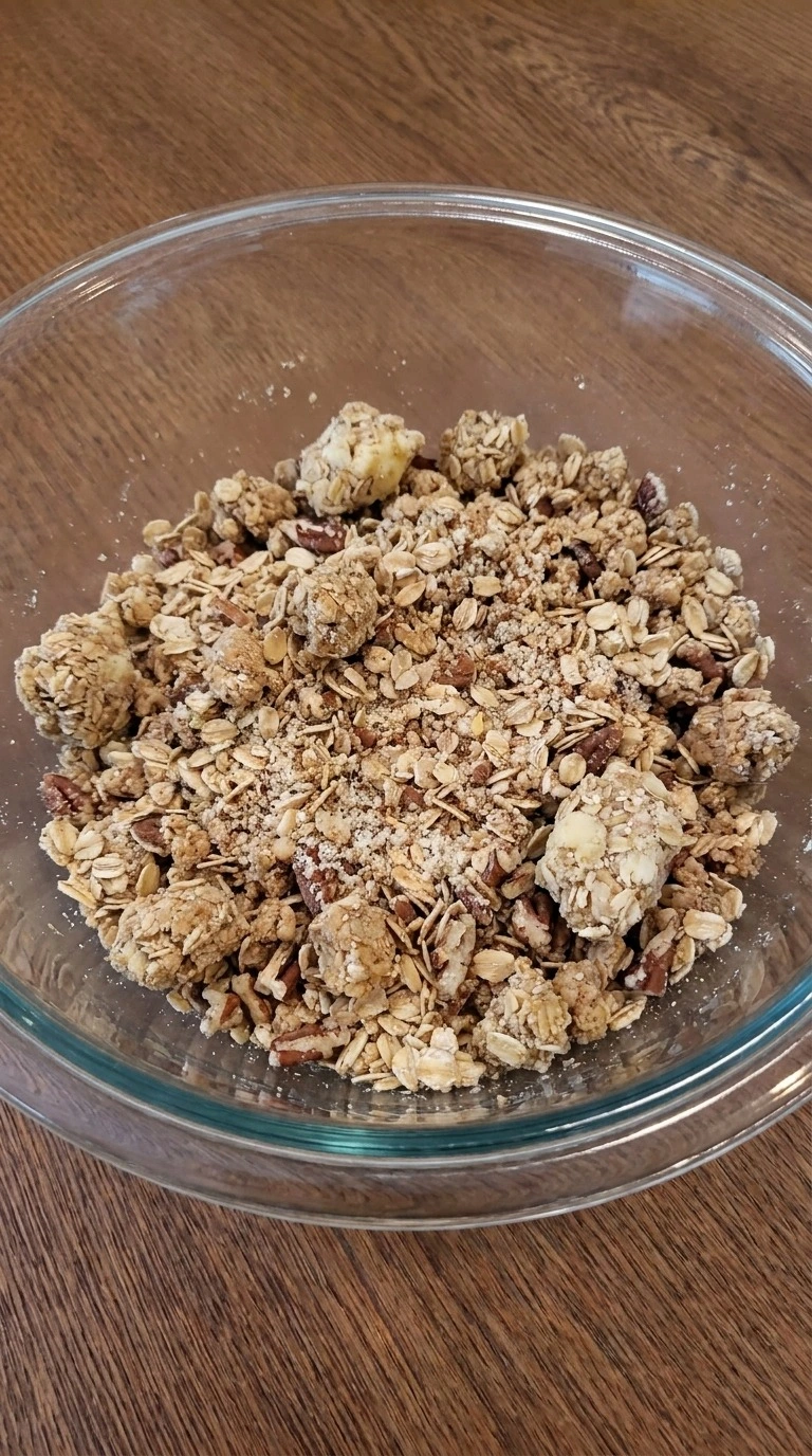 Crumbly oat pecan topping mixed for Healthy Apple Fall Desserts