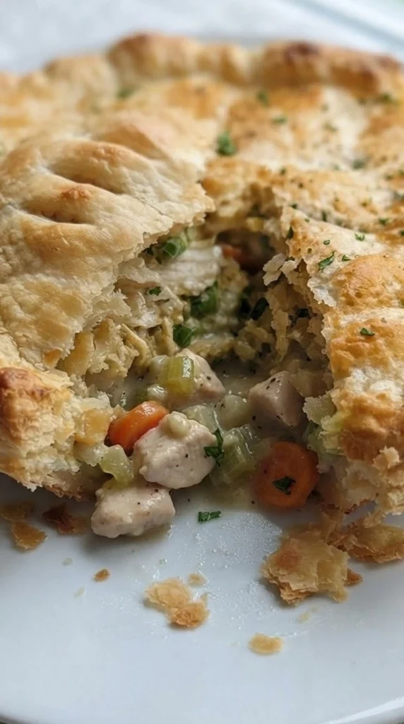Homemade Chicken Pot Pie with golden crust and creamy filling on a plate Recipe focus: easy chicken pot pie.