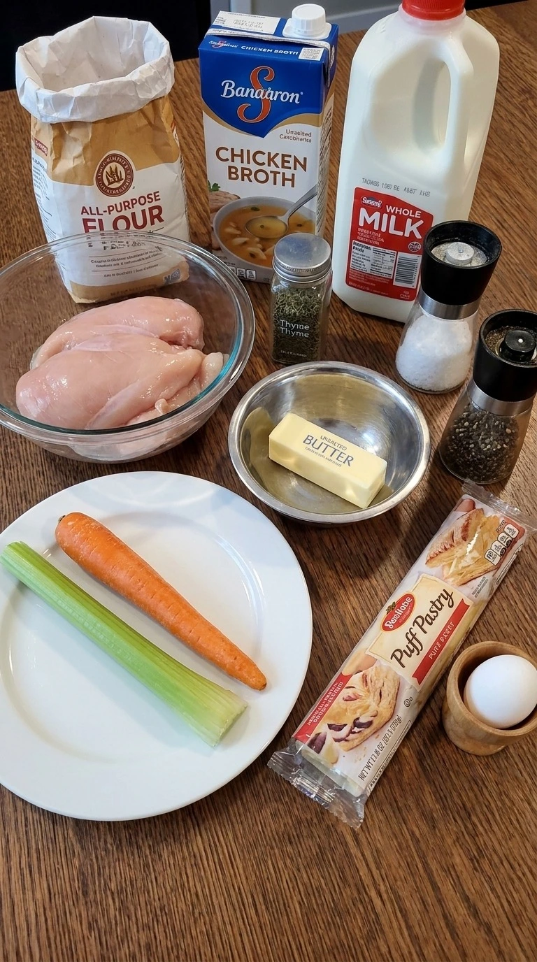 Homemade Chicken Pot Pie ingredients with chicken vegetables flour and herbs Recipe focus: homemade chicken pot pie recipe.