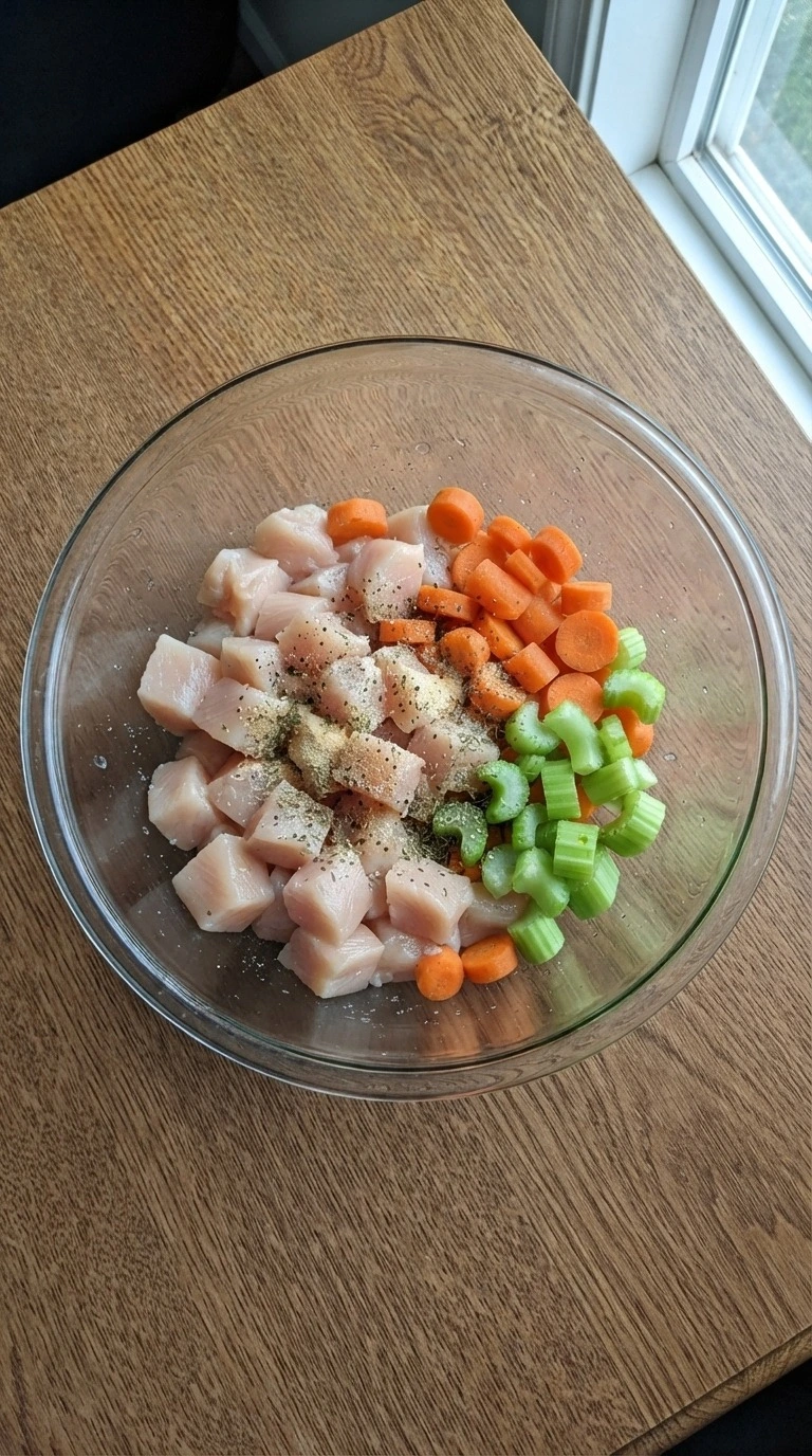 Homemade Chicken Pot Pie step 1 with raw chicken and vegetables prepared Recipe focus: easy chicken pot pie.