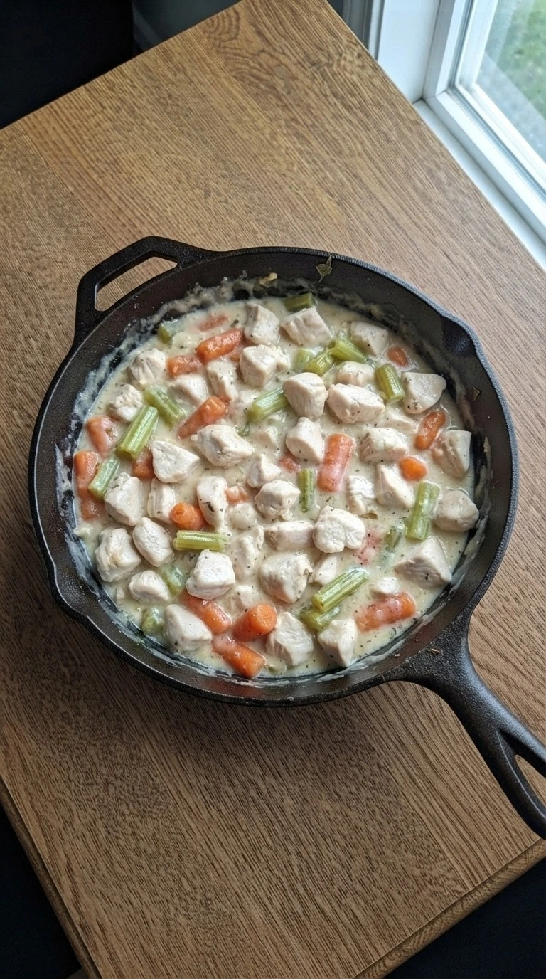 Homemade Chicken Pot Pie creamy filling with chicken vegetables and sauce Recipe focus: easy chicken pot pie.