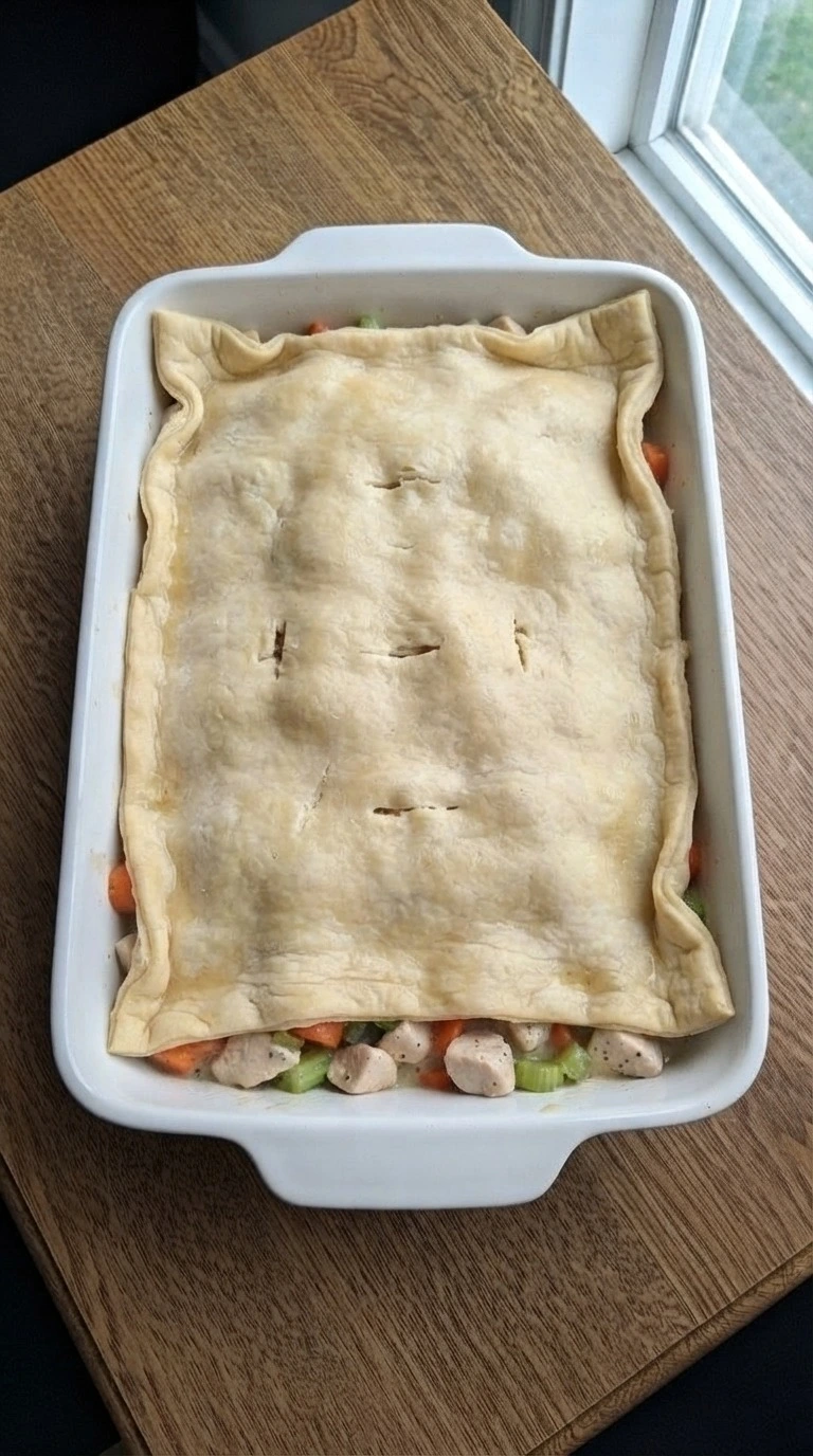 Homemade Chicken Pot Pie with puff pastry covering creamy chicken filling Recipe focus: easy chicken pot pie recipe.