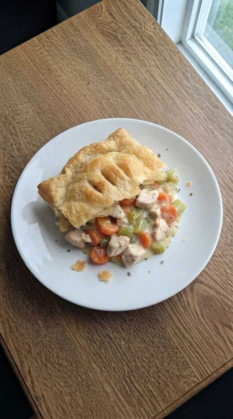 Homemade Chicken Pot Pie serving with flaky crust and creamy filling Recipe focus: homemade chicken pot pie recipe.