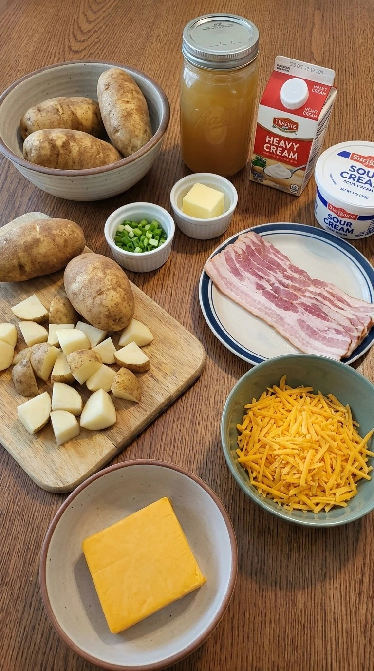 Loaded Baked Potato Soup ingredients with russet potatoes bacon cheddar and cream Recipe focus: cheesy potato soup.