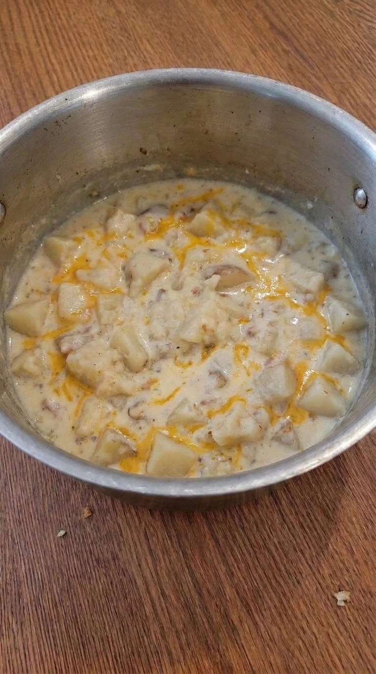 Loaded Baked Potato Soup with melted sharp cheddar and bacon finish Recipe focus: loaded potato soup.