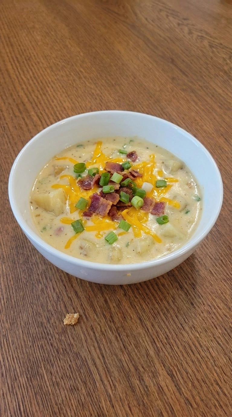 Loaded Baked Potato Soup served with bacon cheddar and green onion Recipe focus: cheesy potato soup.