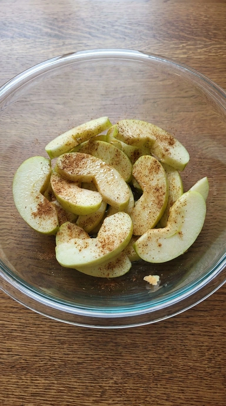 Seasoned Granny Smith apple slices for Low Carb Apple Crisp Almond Flour before baking