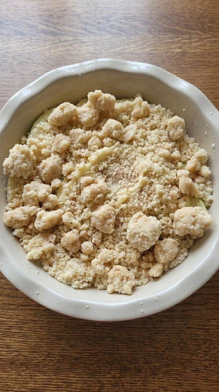 Assembled Low Carb Apple Crisp Almond Flour with sliced apples and loose almond crumble before baking