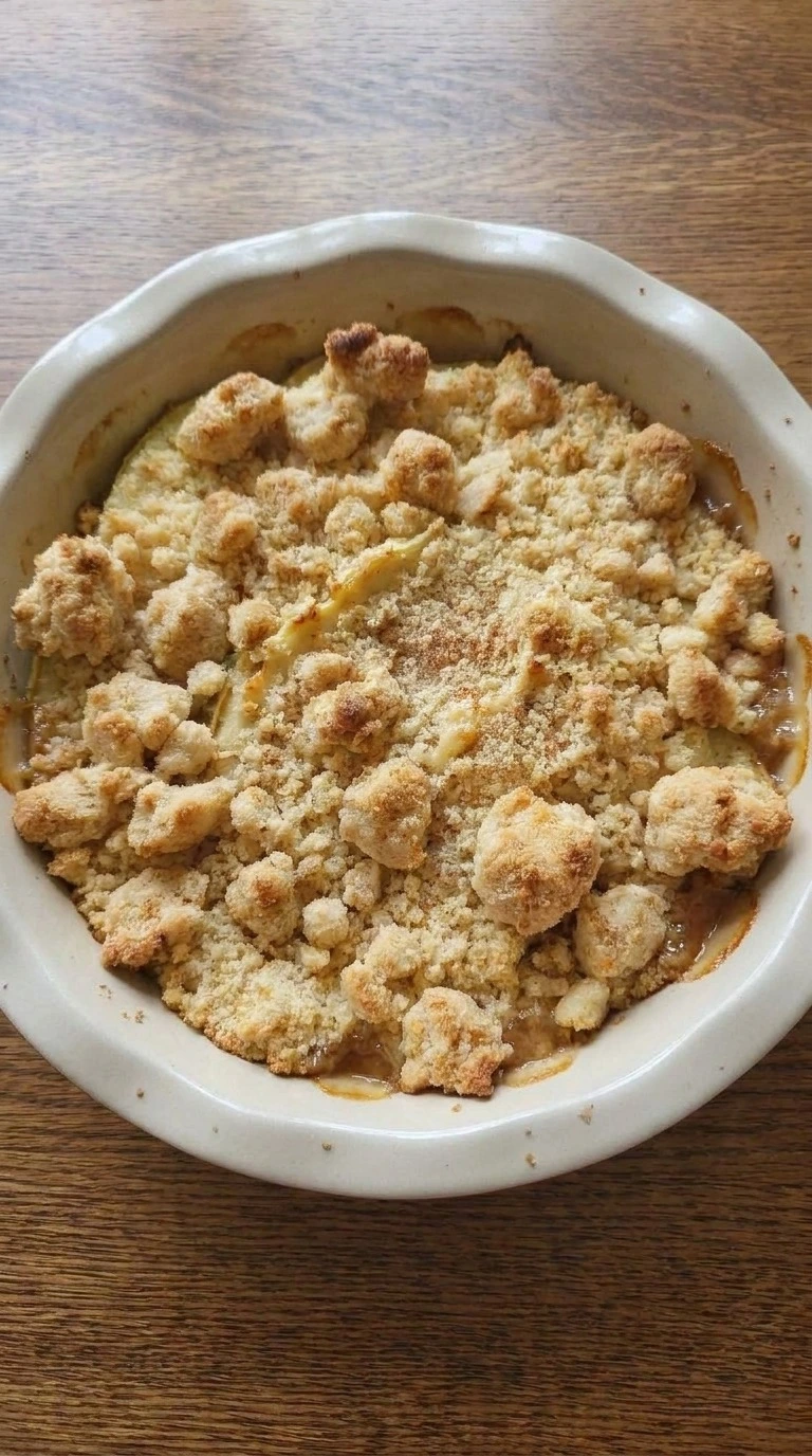 Baked Low Carb Apple Crisp Almond Flour with bubbling apples and uneven golden almond topping