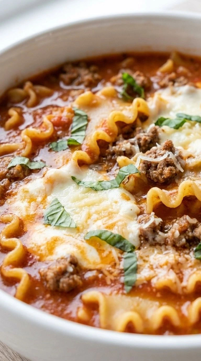 One Pot Lasagna Soup with melted cheese and tomato broth in a serving bowl Recipe focus: lasagna soup recipe.