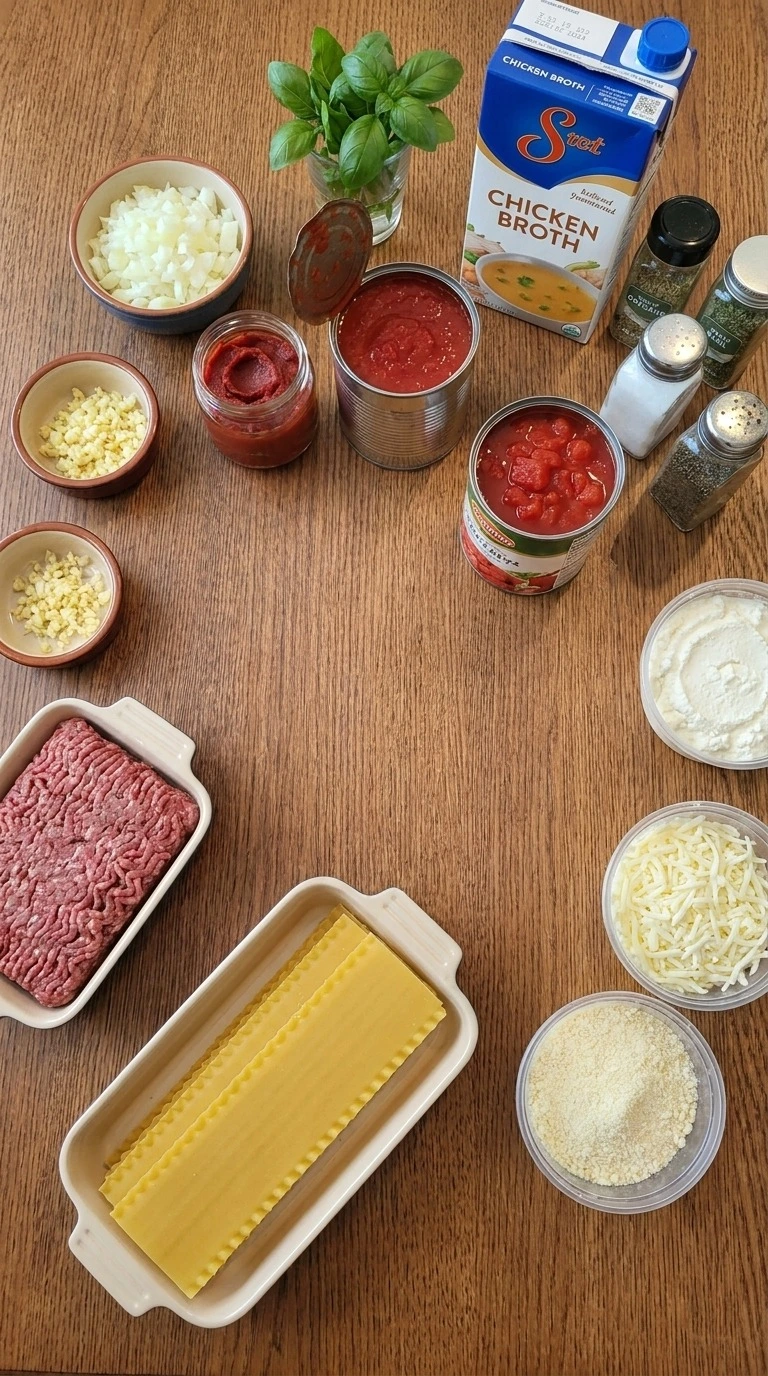 One Pot Lasagna Soup ingredients with pasta tomatoes cheese and herbs Recipe focus: creamy lasagna soup.