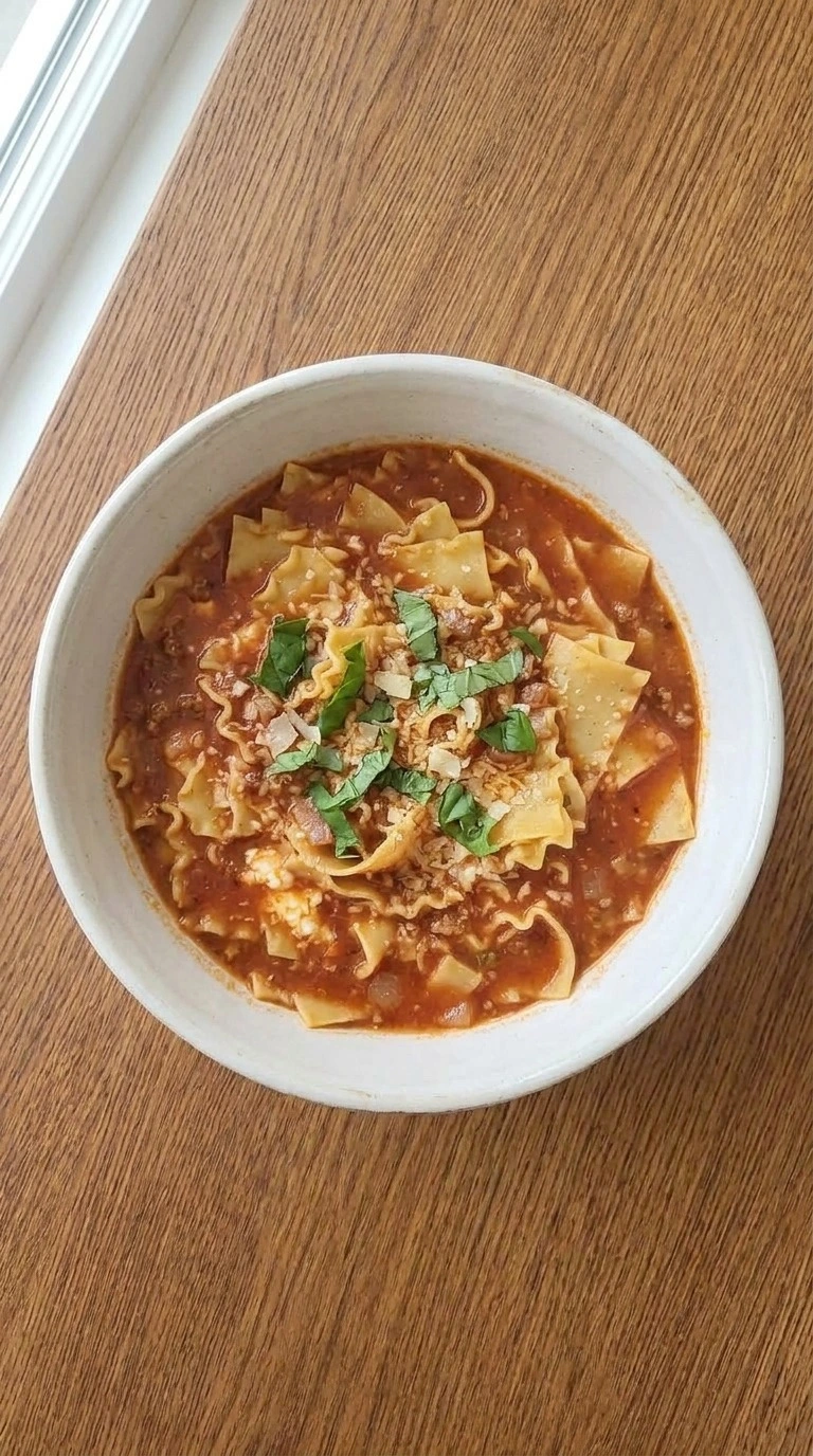 One Pot Lasagna Soup served portion with basil and parmesan topping Recipe focus: creamy lasagna soup.