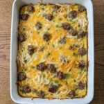Overnight Breakfast Casserole with golden hashbrowns and melted cheese in baking dish Recipe focus: breakfast casserole with hashbrowns.