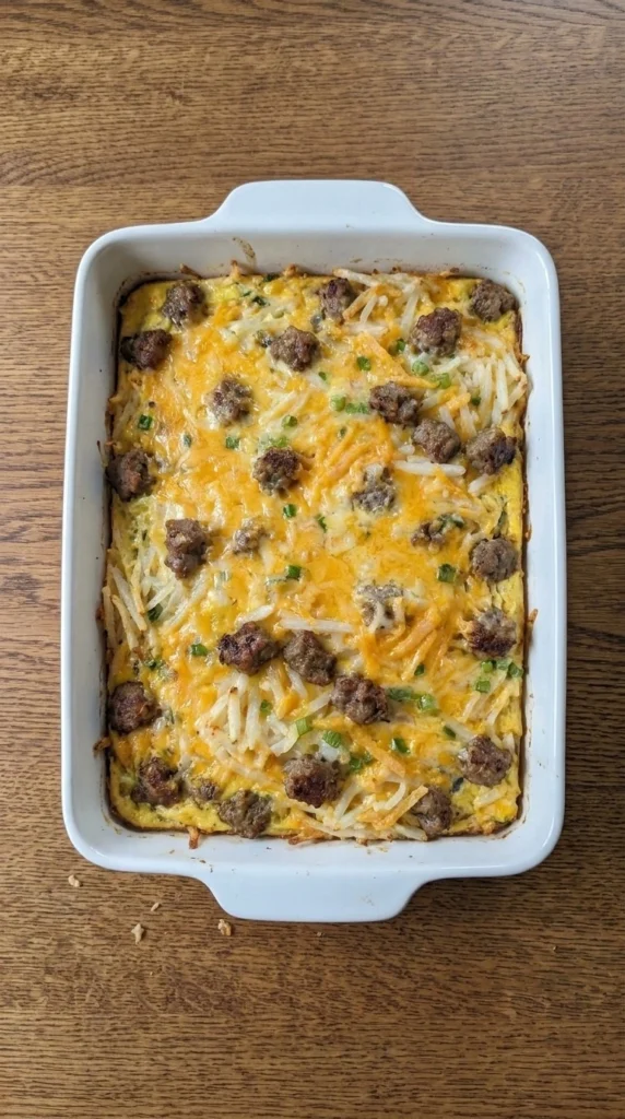 Overnight Breakfast Casserole with golden hashbrowns and melted cheese in baking dish Recipe focus: breakfast casserole with hashbrowns.