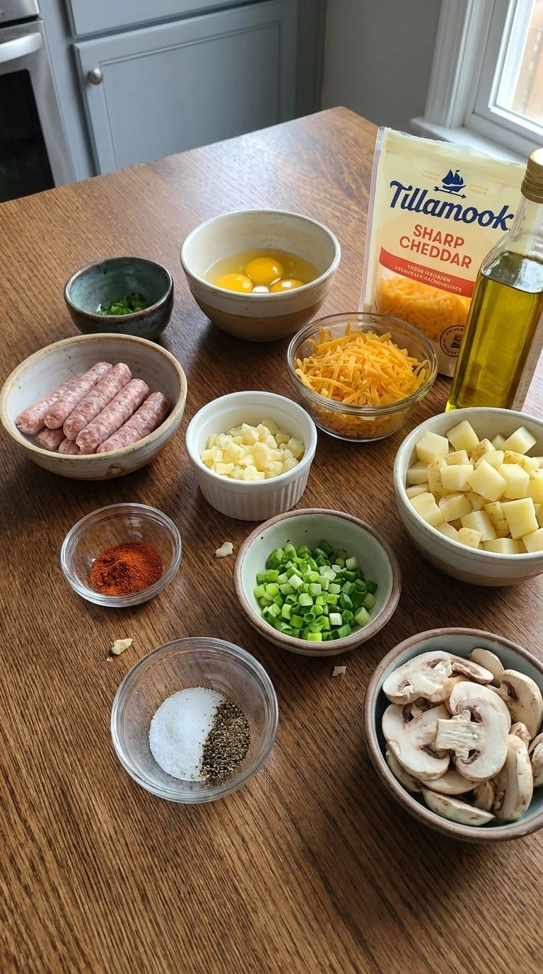 Overnight Breakfast Casserole ingredients with eggs hashbrowns sausage and cheese Recipe focus: tater tot breakfast casserole.