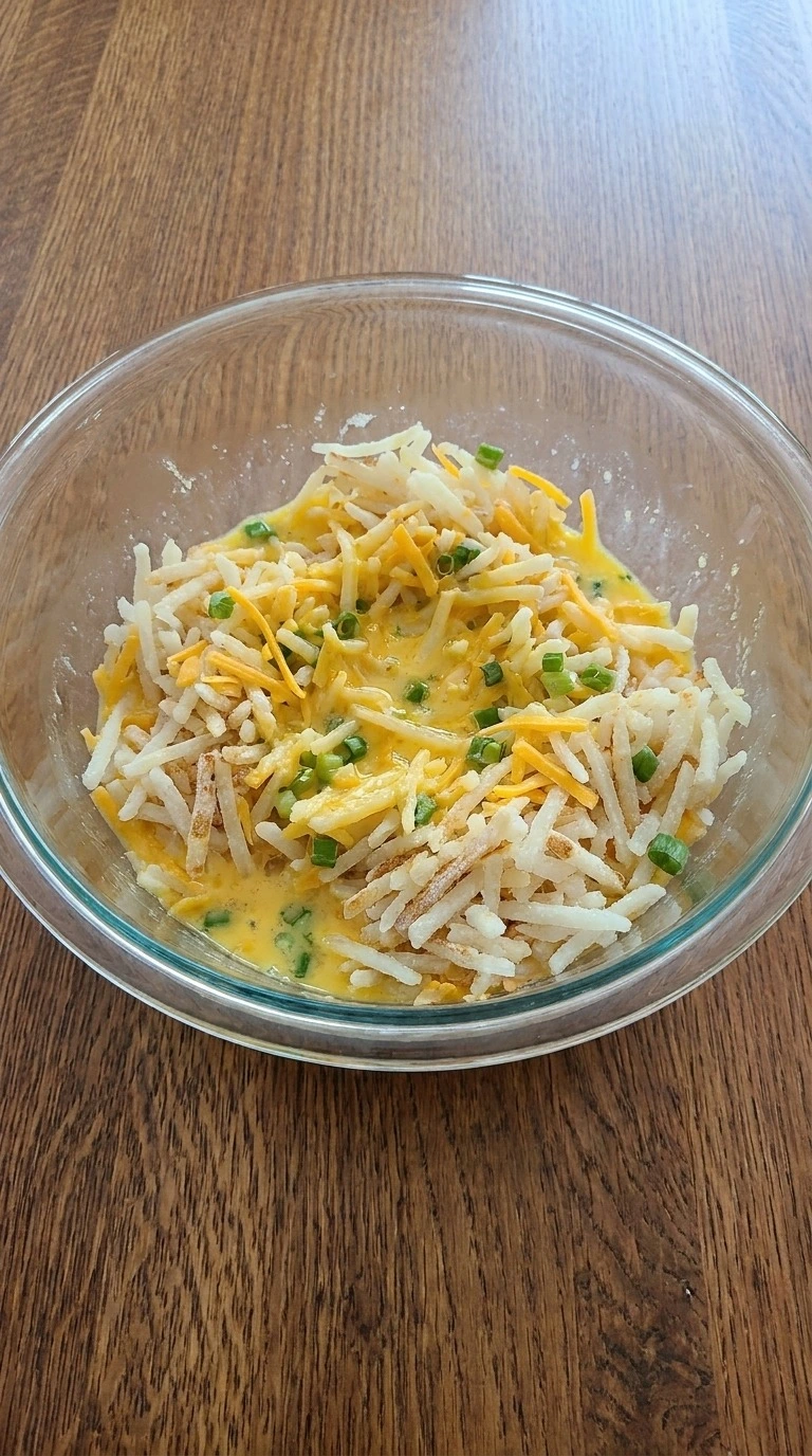 Overnight Breakfast Casserole step two with hashbrowns eggs and cheddar mixed Recipe focus: breakfast casserole with hashbrowns.