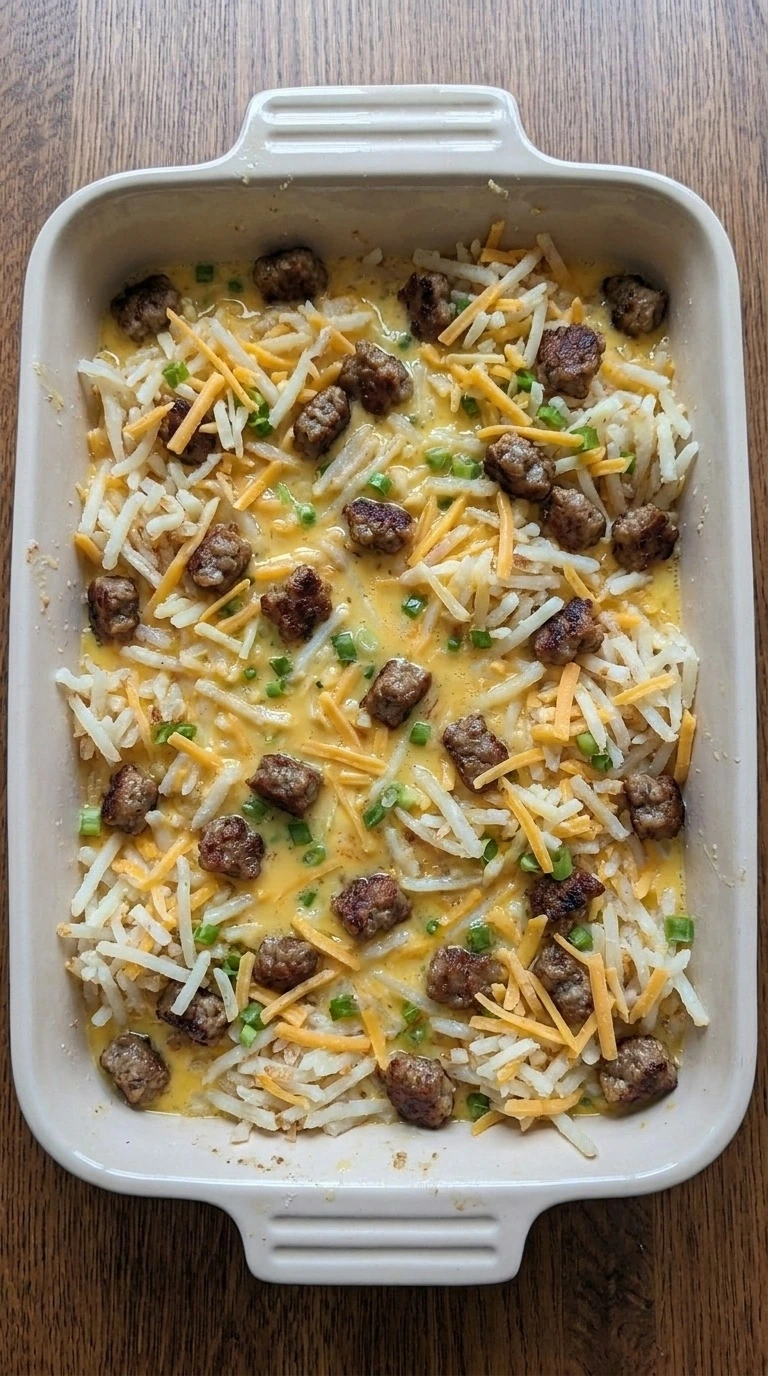 Overnight Breakfast Casserole step three layered in baking dish before oven Recipe focus: breakfast casserole with hashbrowns.