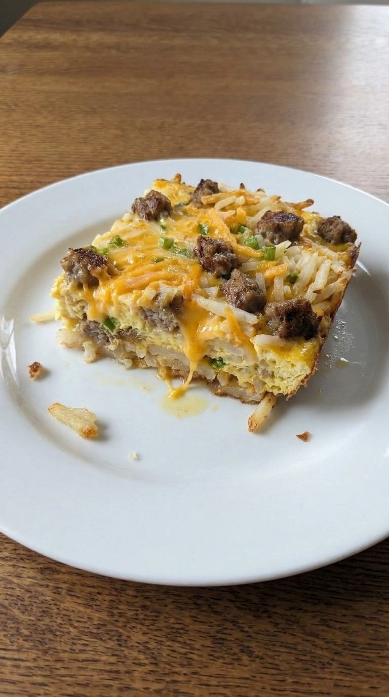 Overnight Breakfast Casserole served slice with egg layers and cheese Recipe focus: tater tot breakfast casserole.