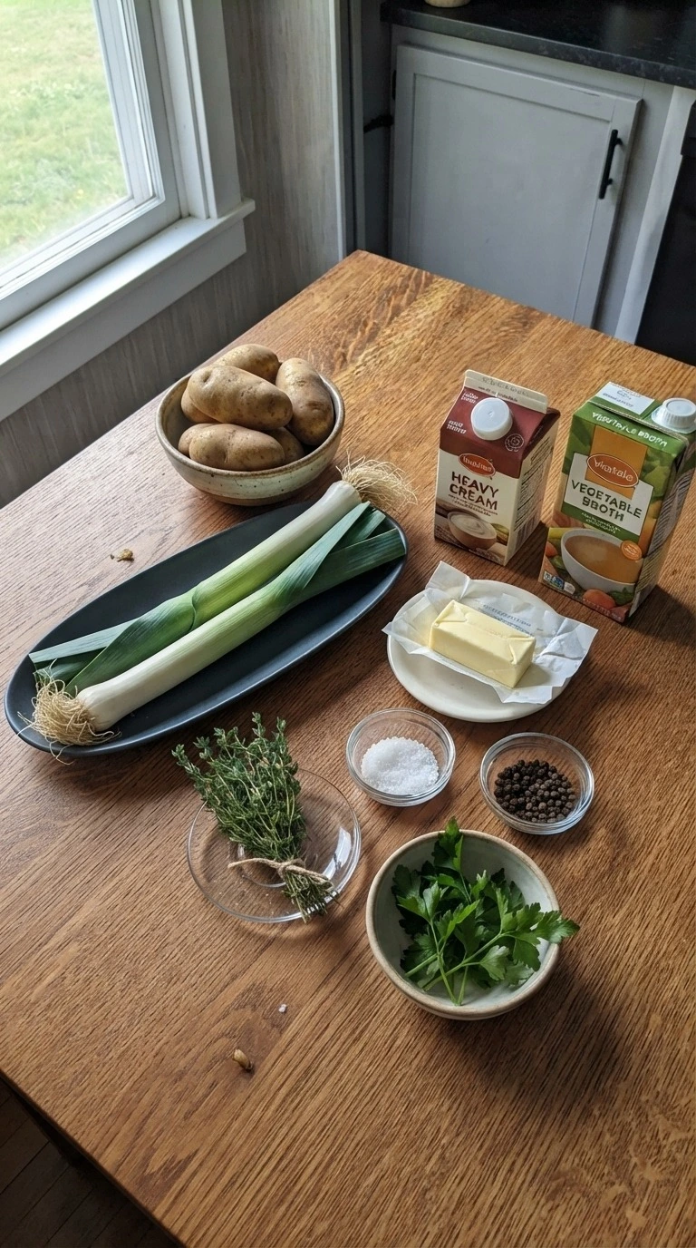 Potato Leek Soup ingredients with potatoes leeks garlic and herbs arranged Recipe focus: leek potato soup.