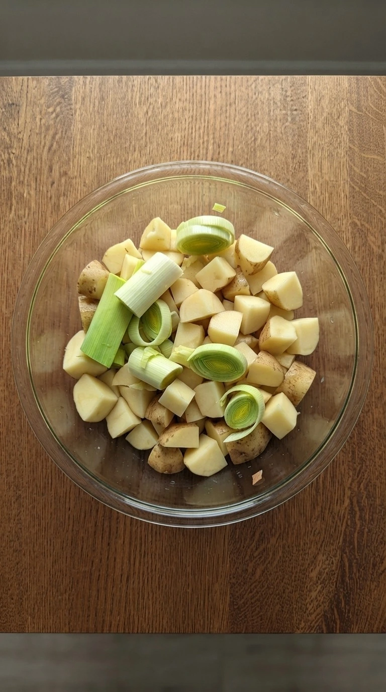 Potato Leek Soup step one with sliced leeks and cubed potatoes Recipe focus: potato leek soup recipe.