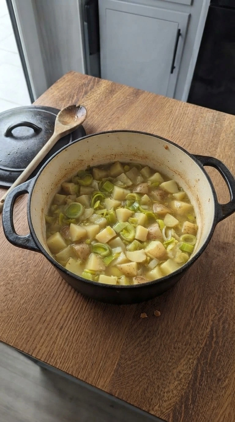 Potato Leek Soup simmering with tender potatoes and softened leeks Recipe focus: potato leek soup recipe.