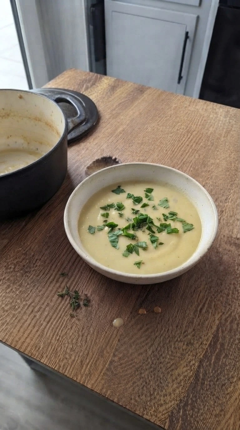 Potato Leek Soup served bowl with parsley and creamy soup texture Recipe focus: leek potato soup.