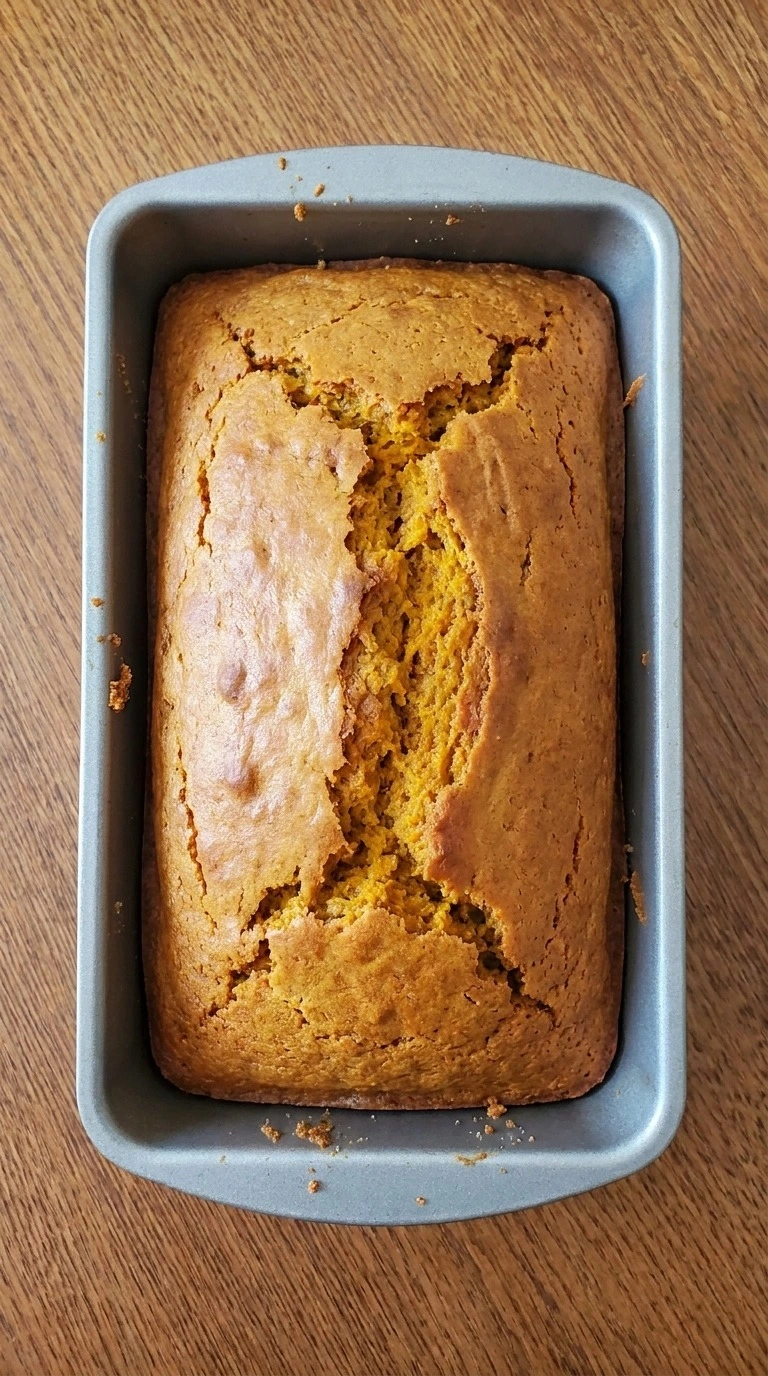 Pumpkin Bread with Cake Mix Boxes baking with golden cracked top in loaf pan Recipe focus: pumpkin bread spice cake mix recipe.
