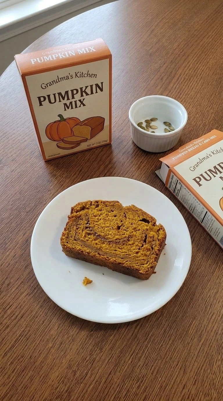 Pumpkin Bread with Cake Mix Boxes slice showing moist orange crumb on plate Recipe focus: pumpkin bundt cake with box cake.