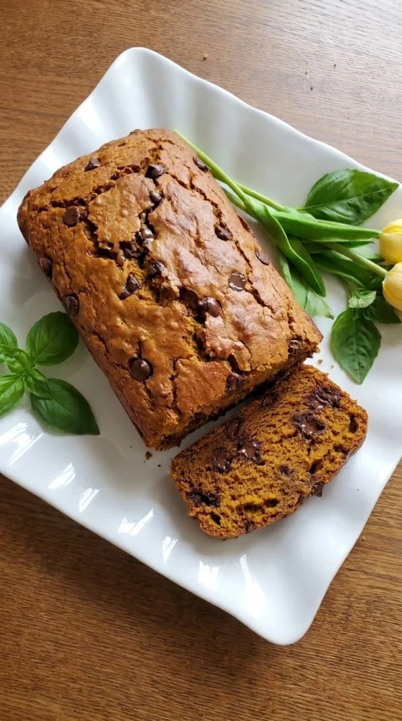 Pumpkin Bread with Chocolate Chips loaf with sliced golden top and chocolate pieces Recipe focus: chocolate chip pumpkin bread recipe.