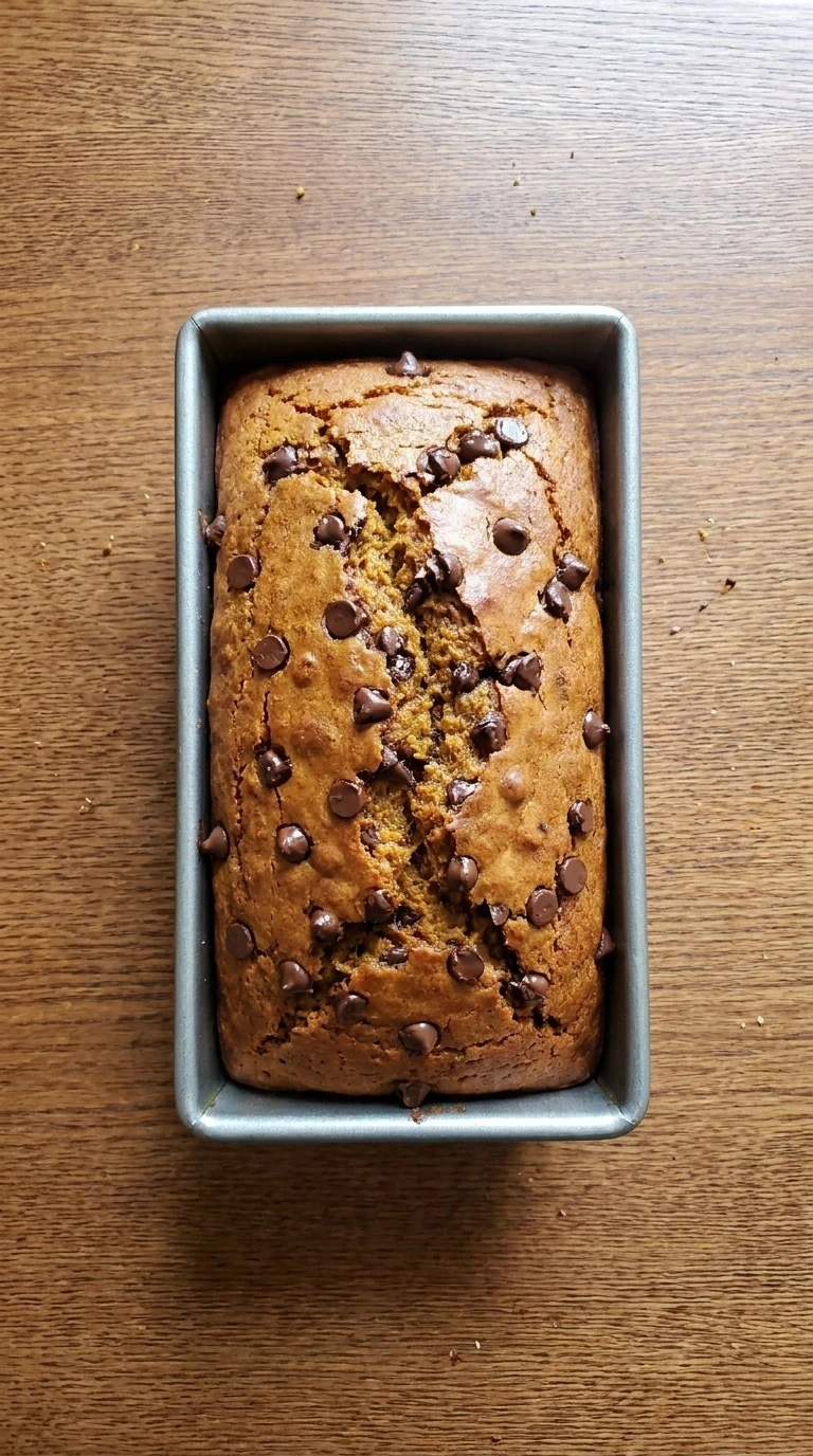 Pumpkin Bread with Chocolate Chips baking in loaf pan with golden cracked top Recipe focus: fall bread recipes.