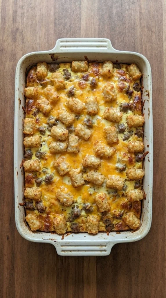 Tater Tot Breakfast Casserole with golden tater tots and melted cheddar in baking dish Recipe focus: breakfast casserole with hashbrowns.