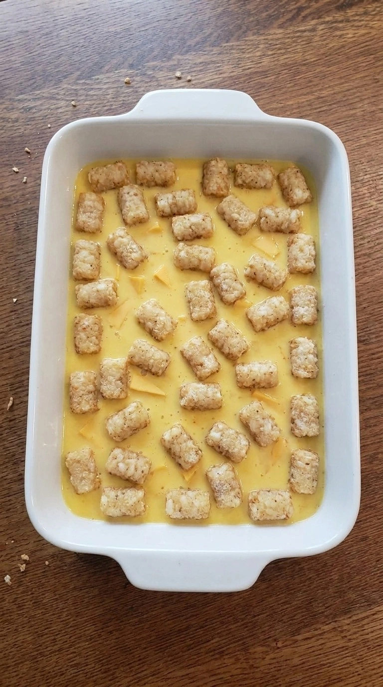 Tater Tot Breakfast Casserole tater tots layered with egg filling before baking Recipe focus: breakfast casserole with hashbrowns.