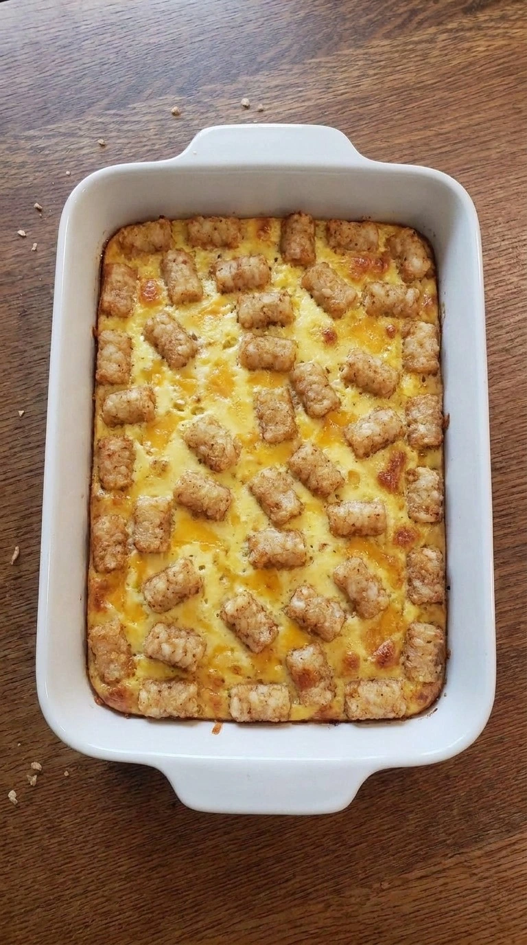 Tater Tot Breakfast Casserole baking with golden potato topping and melted cheese Recipe focus: breakfast casserole with hashbrowns.