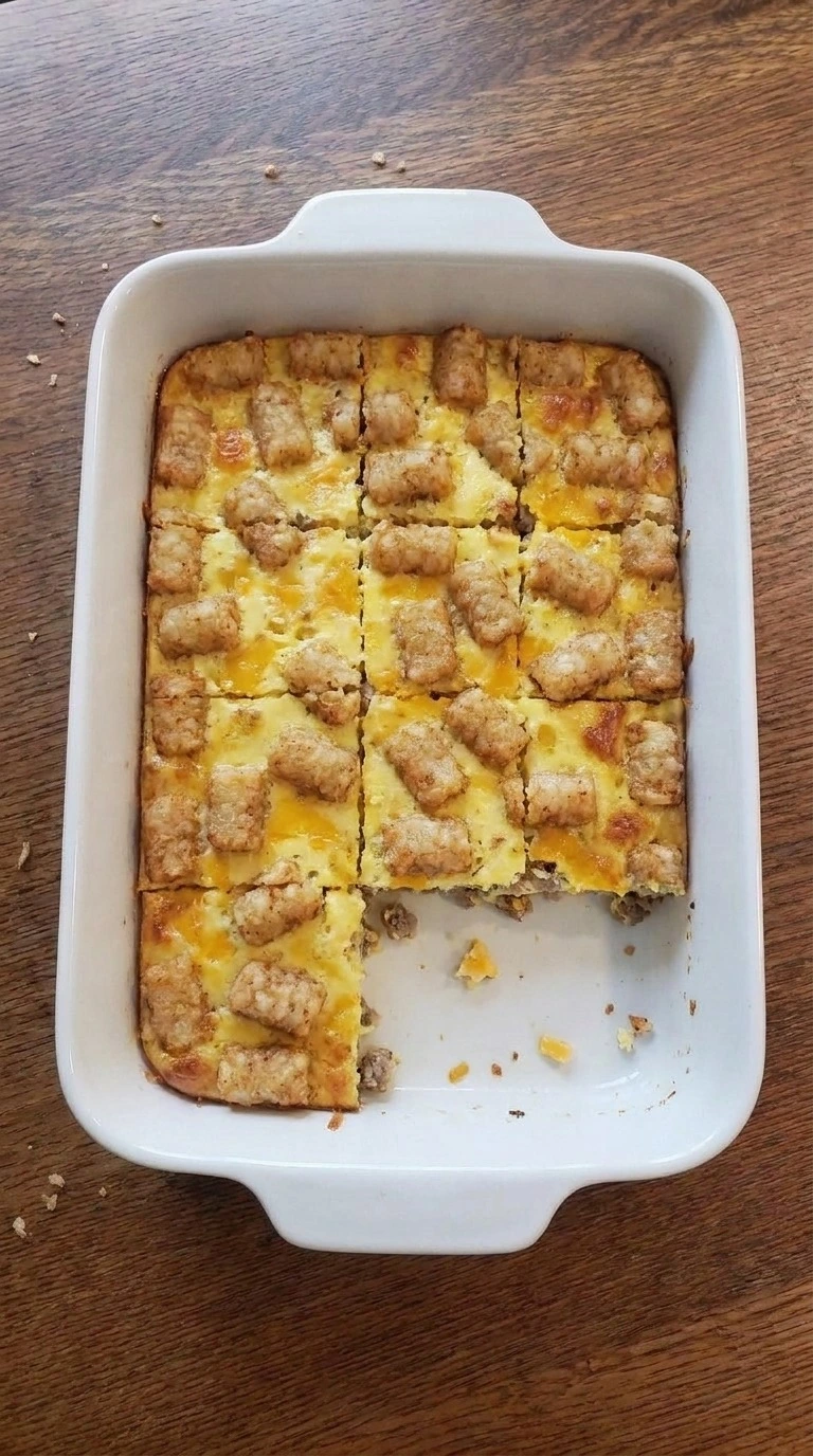 Tater Tot Breakfast Casserole sliced portion showing egg sausage and potato layers Recipe focus: easy breakfast casserole.