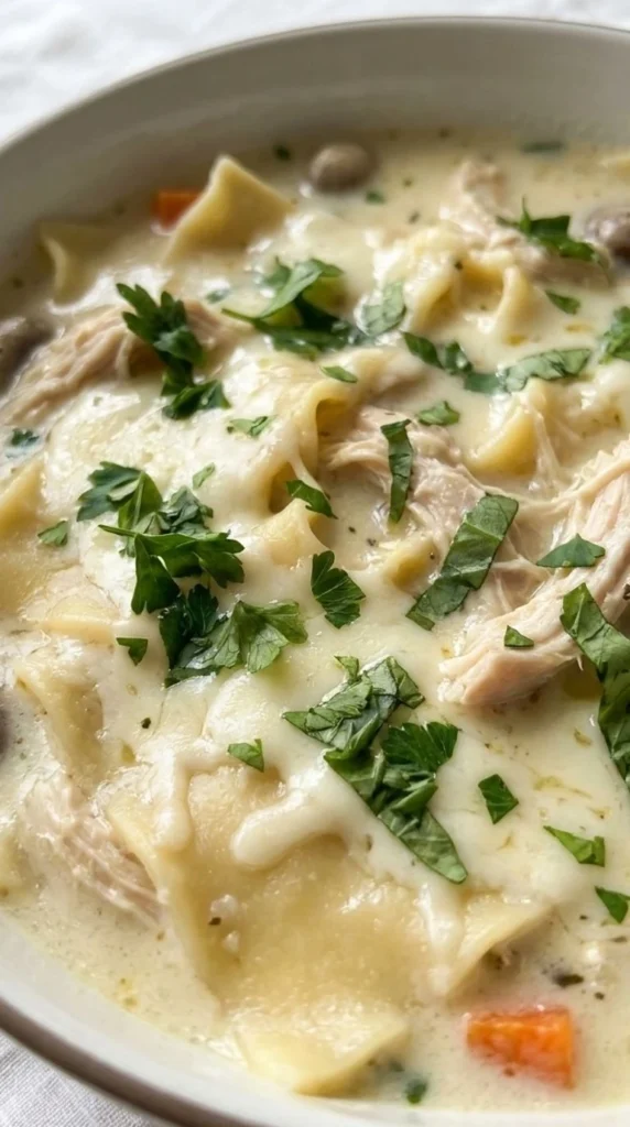 White Chicken Lasagna Soup with creamy broth chicken and lasagna noodles in bowl Recipe focus: white lasagna soup. Recipe focus: alfredo lasagna soup.