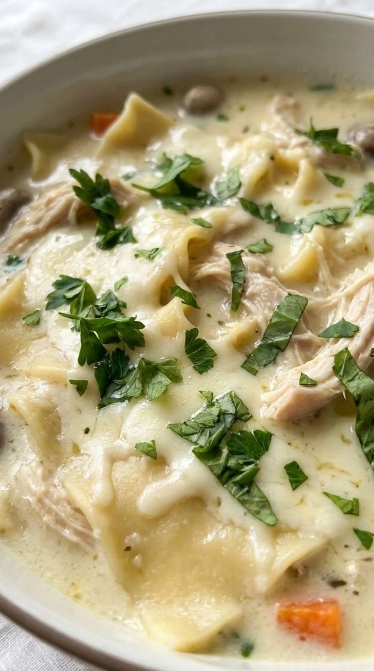 White Chicken Lasagna Soup with creamy broth chicken and lasagna noodles in bowl Recipe focus: white lasagna soup. Recipe focus: alfredo lasagna soup.