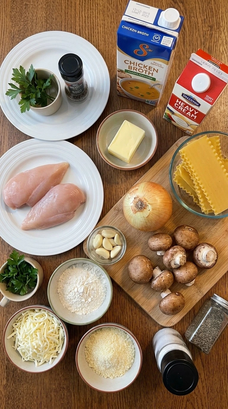 White Chicken Lasagna Soup ingredients including chicken noodles vegetables and cream Recipe focus: alfredo lasagna Recipe focus: creamy alfredo lasagna soup.