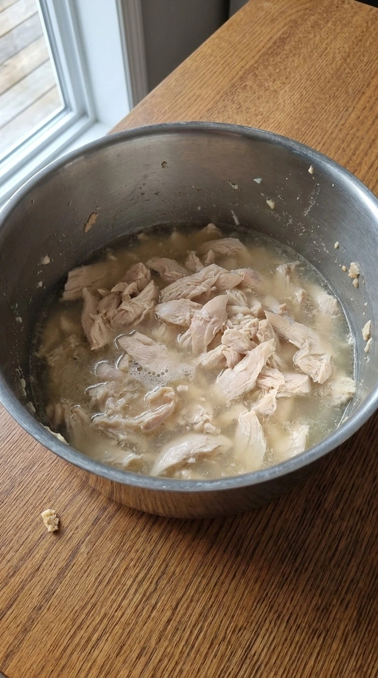 White Chicken Lasagna Soup chicken preparation with shredded breast pieces in pot Recipe focus: white lasagna soup recipe.