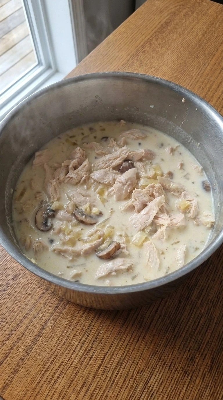White Chicken Lasagna Soup creamy base with vegetables softening in pot Recipe focus: white lasagna soup. Recipe focus: alfredo lasagna soup.